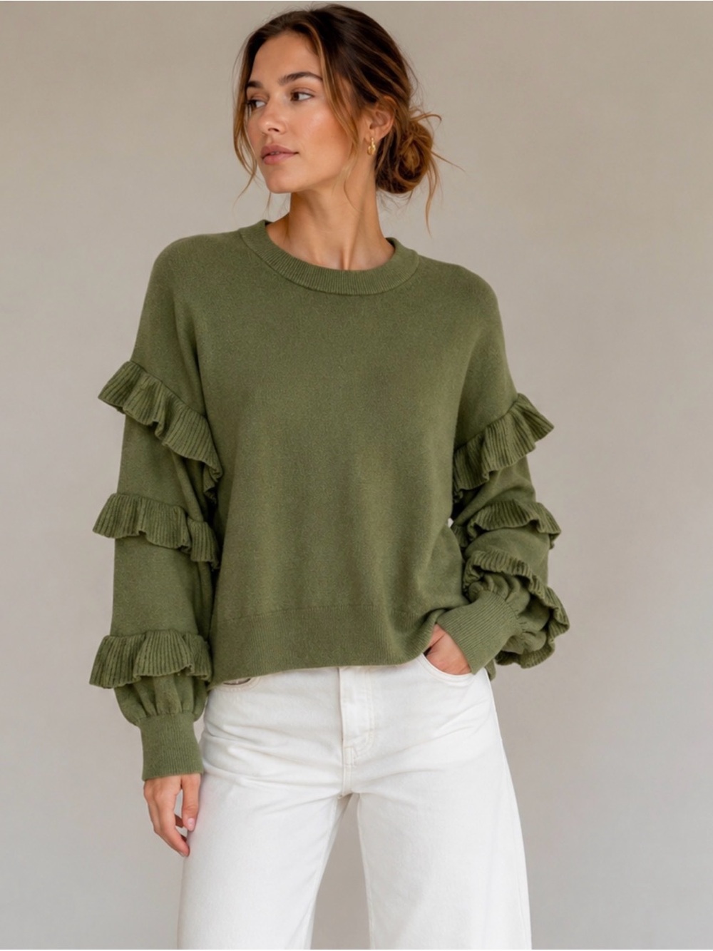J.Crew Olive Green Ruffle Sleeve Wool Blend Sweater Large Balloon Sleeve Cozy
